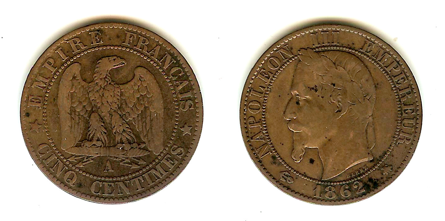 Cinq centimes Napoléon III, tête laurée 1862 Paris TB à TB+